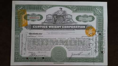 Curtiss Wright Corporation, Stock Certificate, 1951, 10 Shares