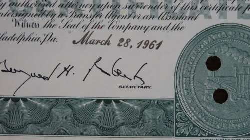 Pennsylvasnia Railroad Company, Stock Certificate, 1961, 100 Shares