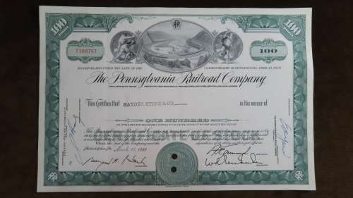 Pennsylvasnia Railroad Company, Stock Certificate, 1961, 100 Shares