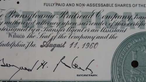 Pennsylvasnia Railroad Company, Stock Certificate, 1960, 100 Shares