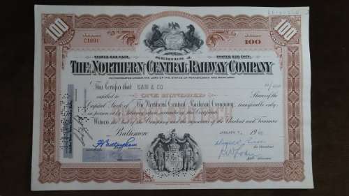 Northern Central Railray Company, Stock Certificate, 1969, 100 Shares