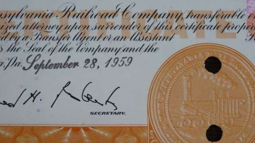 Pennsylvania Railroad Company, Stock Certificate, 1959, 6 Shares