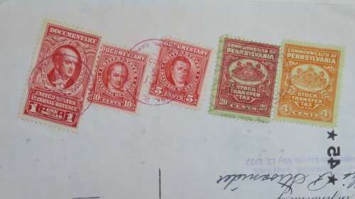 Pennsylvania Railroad Company, Stock Certificate, 1952, 45 Shares with USA Duty Stamps