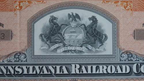 Pennsylvania Railroad Company, Stock Certificate, 1952, 45 Shares with USA Duty Stamps