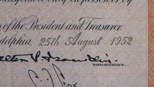 Pennsylvania Railroad Company, Stock Certificate, 1952, 45 Shares with USA Duty Stamps