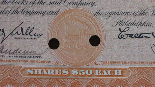 Pennsylvania Railroad Company, Stock Certificate, 1952, 45 Shares with USA Duty Stamps