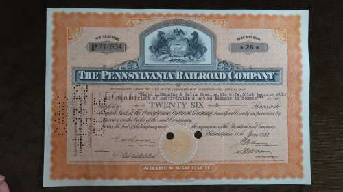 Pennsylvania Railroad Company, Stock Certificate, 1931, 26 Shares