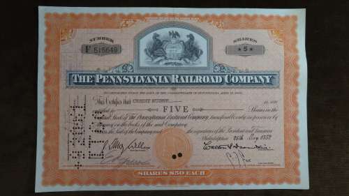Pennsylvania Railroad Company, Stock Certificate, 1952, 5 Shares