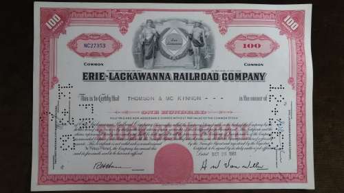 Erie Lackawanna Railroad Company, Stock Certificate, 1961,100 Shares