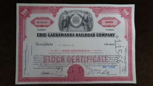 Erie Lackawanna Railroad Company, Stock Certificate, 1966,100 Shares