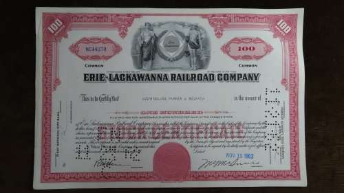 Erie Lackawanna Railroad Company, Stock Certificate, 1962,100 Shares