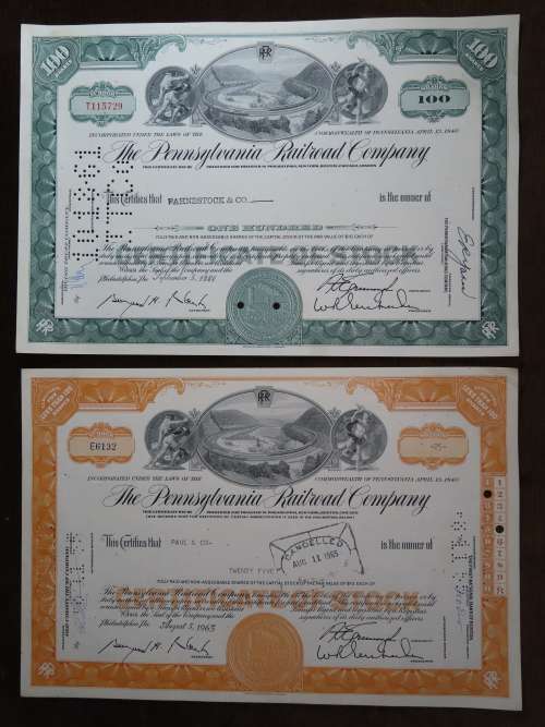 2 x Pennsylvania Railroad Company, Stock Certificates, 1961 + 1965