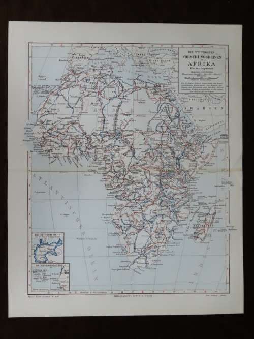 1905 Map of Africa, Excellent condition, Original German Mayer Map Showing Expeditions