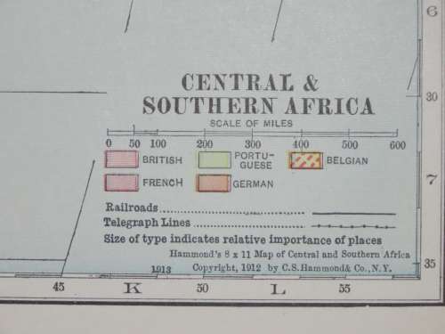 1912 Map of Southern Africa, Excellent Condition, Original Hammond`s Map