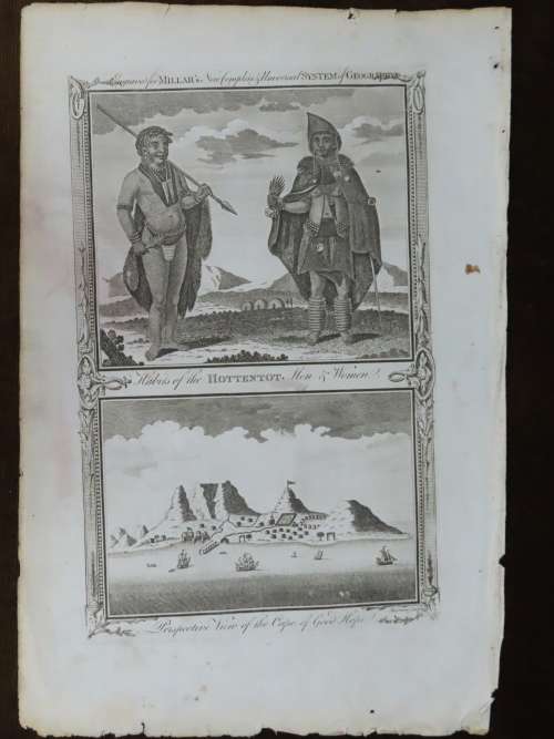 1782 Original Antique Print of Cape of Good Hope w/ Table Mountain and Khoisan Man and Woman
