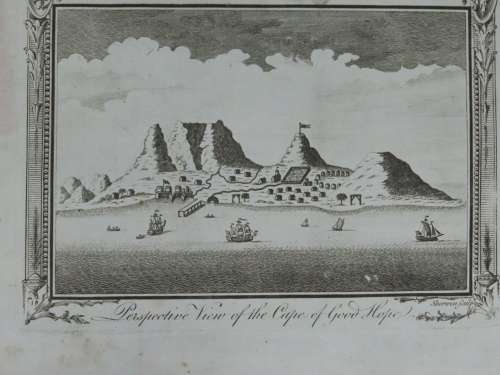 1782 Original Antique Print of Cape of Good Hope w/ Table Mountain and Khoisan Man and Woman