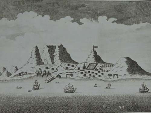 1782 Original Antique Print of Cape of Good Hope w/ Table Mountain and Khoisan Man and Woman