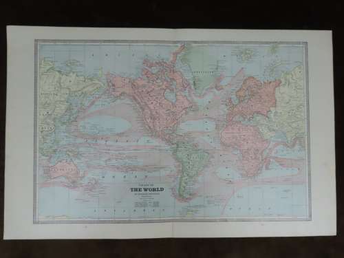 1884 Chart of The World, Excellent condition, Original Cram Map