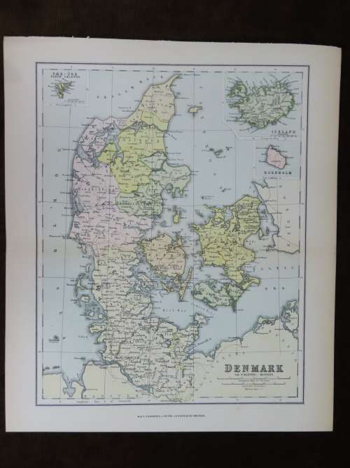 1892 Map of Denmark, Excellent condition, Original Chambers Map