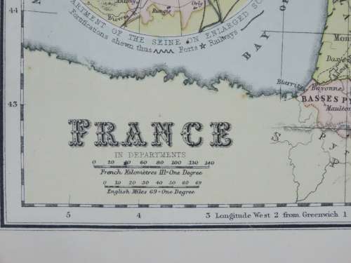 1892 Map of France, Excellent condition, Original Chambers Map