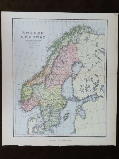 1892 Map of Sweden and Norway, Excellent condition, Original Chambers Map
