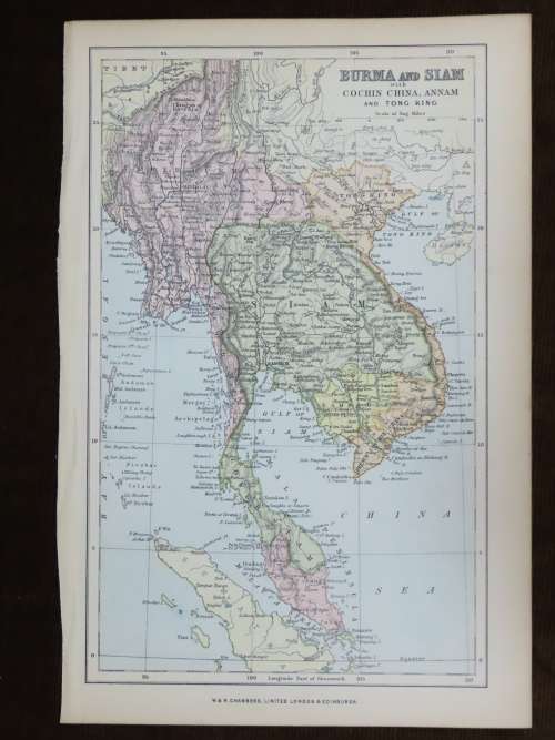 1892 Map of Burma and Siam, Excellent condition, Original Chambers Map