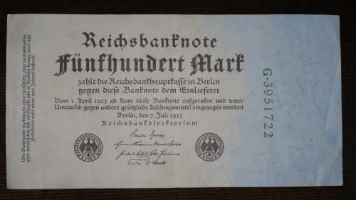 Germany - 500 Mark, 1922 , p74b , Green 7 Digit Serial Number