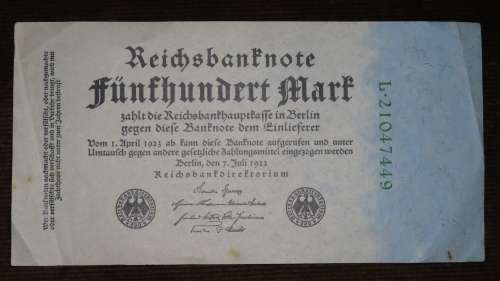 Germany - 500 Mark, 1922 , p74c , Green 8 Digit Serial Number