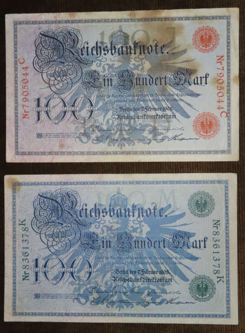 Germany - 2 x 100 Mark, 1908 , p33 and 34 , Red and Green Serial Numbers Set