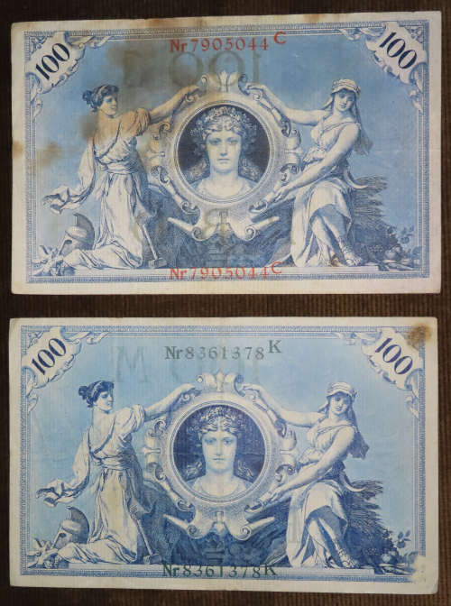 Germany - 2 x 100 Mark, 1908 , p33 and 34 , Red and Green Serial Numbers Set