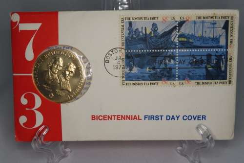 American Revolution Bicentennial First Day Cover 1973 with Adams Medal and Boston Tea Party Stamp