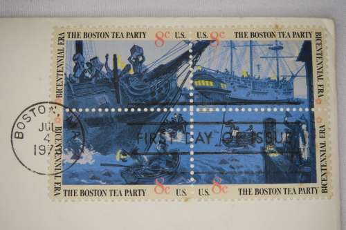 American Revolution Bicentennial First Day Cover 1973 with Adams Medal and Boston Tea Party Stamp