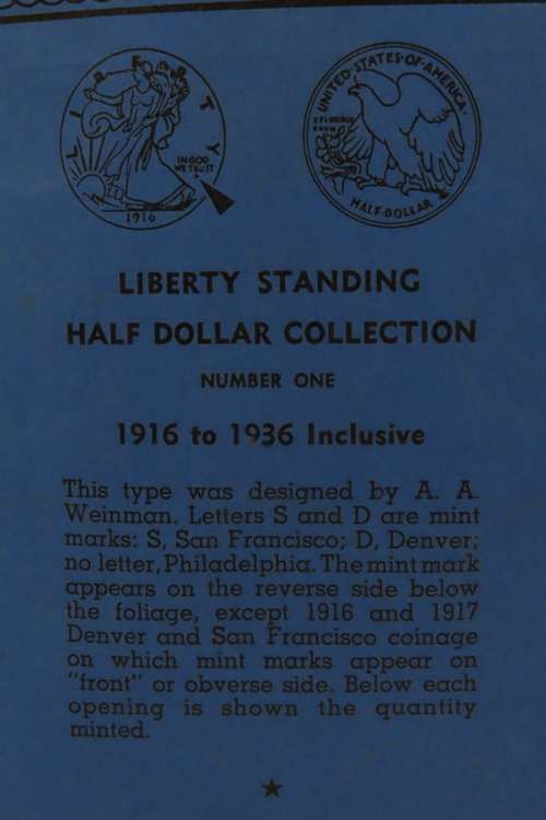 Collector`s Folder for Walking Liberty Half Dollars 1916 - 1936, Book One
