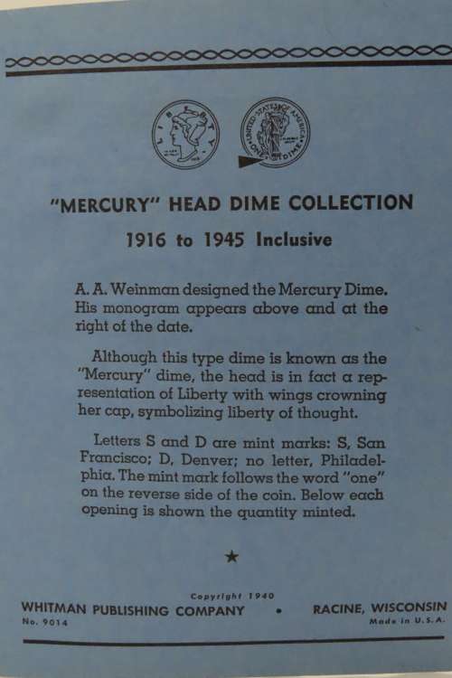 Collector`s Folder for Mercury Head Dime Collection 1916 to 1945