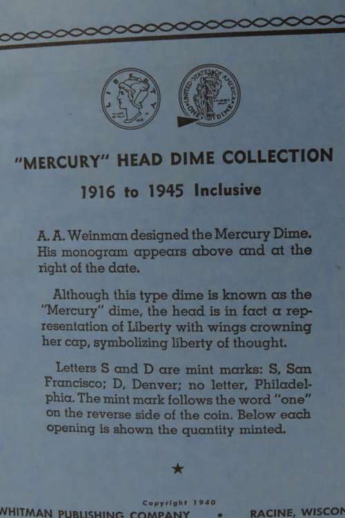 Collector`s Folder for Mercury Head Dime Collection 1916 to 1945