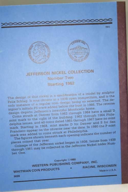 Collector`s Folder for Jefferson Nickel Collection 1962 to 1995