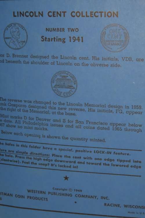 Collector`s Folder for Lincoln Cent Collection Starting 1941 to 1974