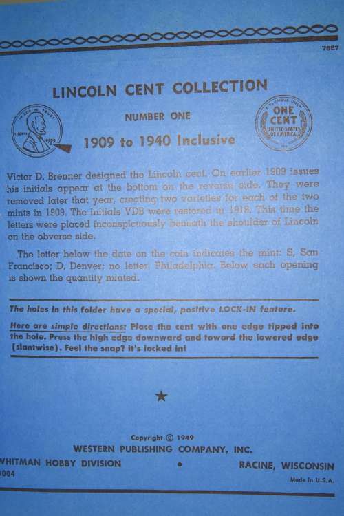 Collector`s Folder for Lincoln Cent Collection Starting 1909 to 1940