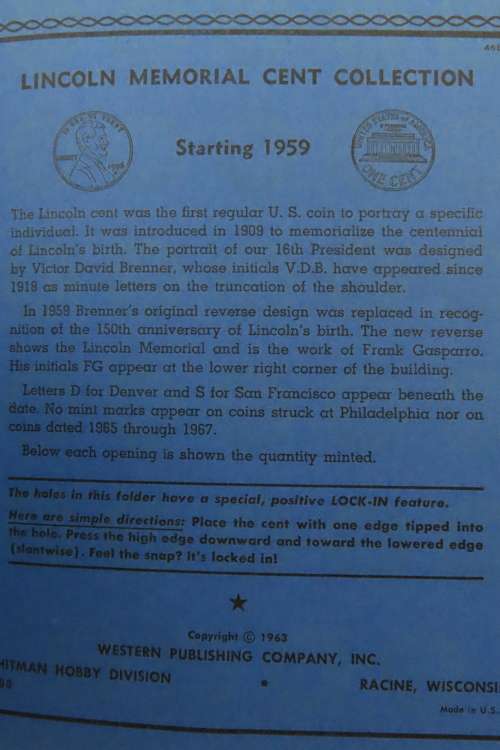 Collector`s Folder for Lincoln Memorial Cent Collection 1959 to 1998