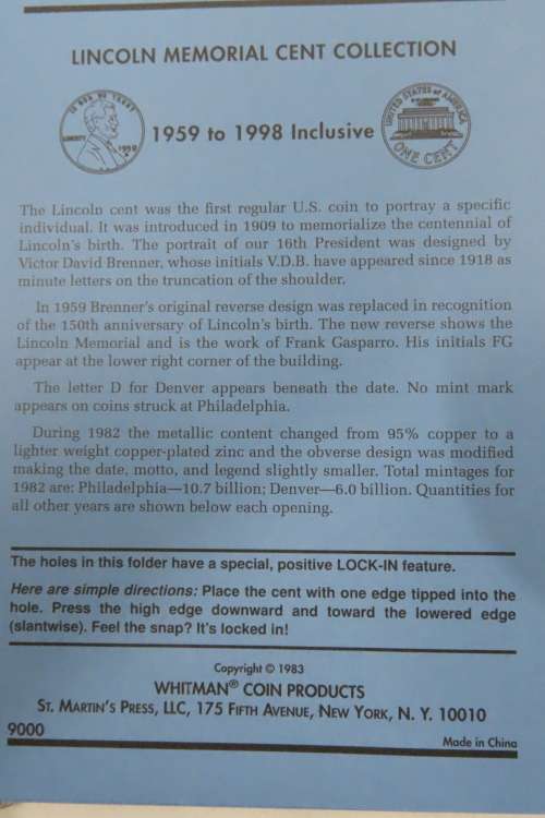 Collector`s Folder for Lincoln Memorial Cent Collection 1959 to 1998
