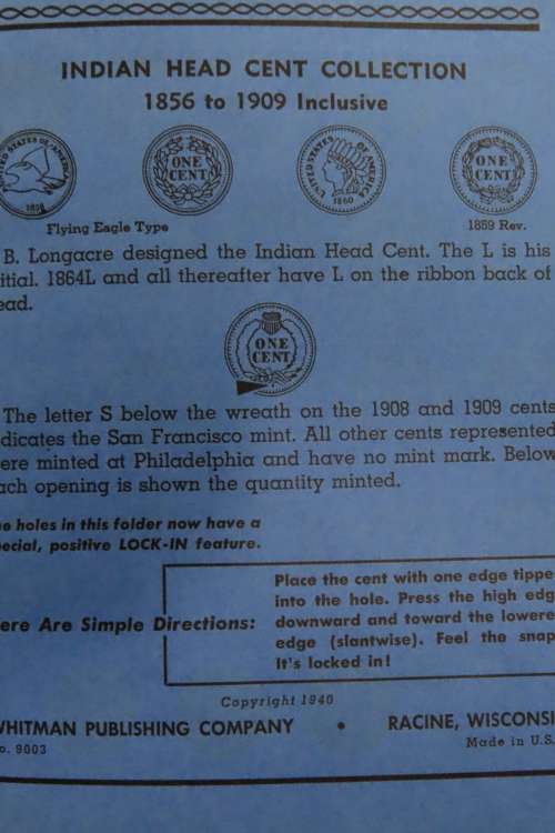 Collector`s Folder for Indian Head Cent Collection 1857 to 1909 including Flying Eagle Cents