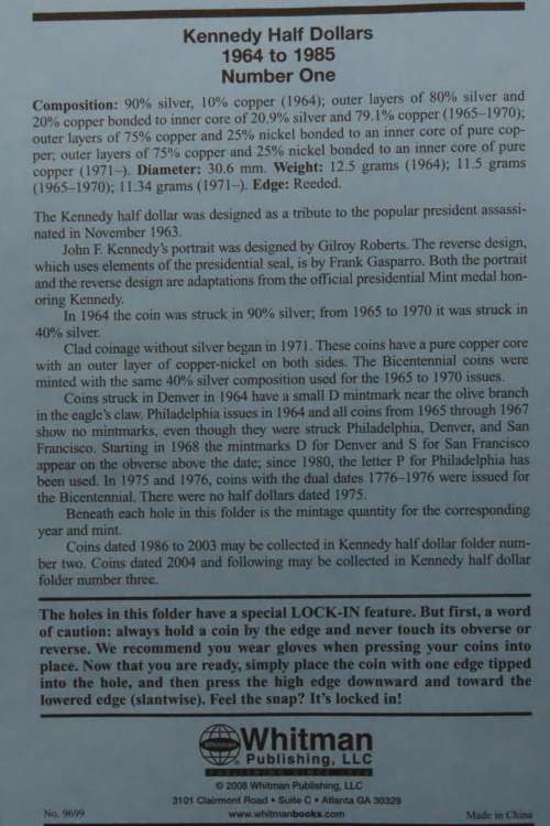Collector`s Folder for Kennedy Half Dollars Collection 1964 to 1985