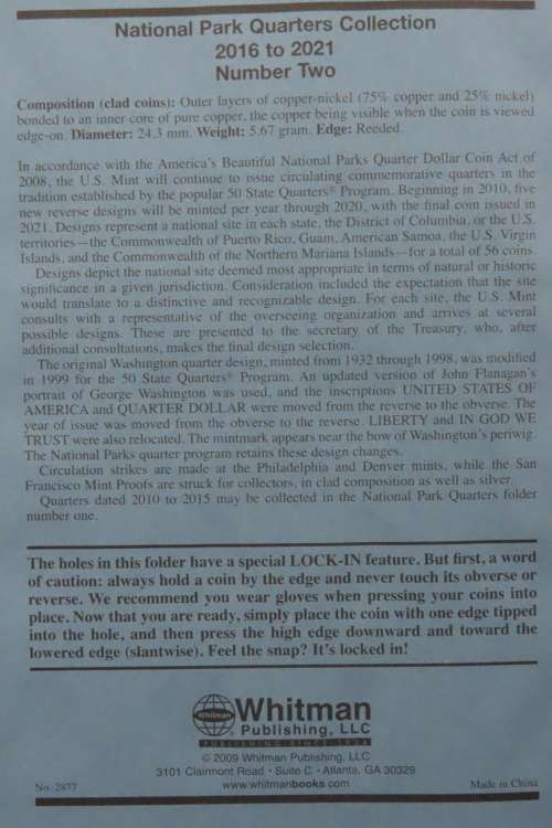 Collector`s Folder for National Parks Quarter Dollars Collection 2016 to 2021