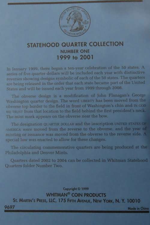 Collector`s Folder for Statehood Quarter Dollars Collection 1999 to 2001