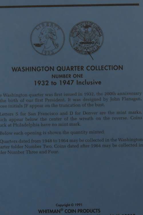 Collector`s Folder for Washington Quarter Dollars Collection 1932 to 1947
