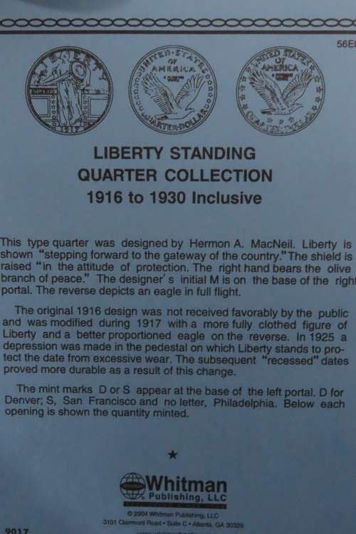 Collector`s Folder for Standing Liberty Quarter Dollars Collection 1916 to 1930