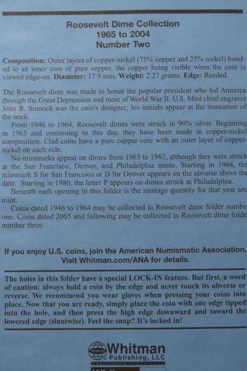 Collector`s Folder for Roosevelt Dime Collection 1965 to 2004