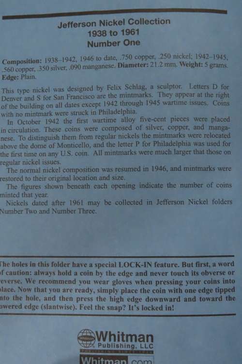 Collector`s Folder for Jefferson Nickel Collection 1938 to 1961