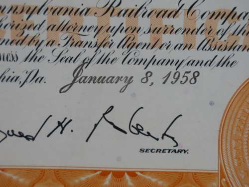 Pennsylvania Railroad Company, Stock Certificate, 1958, 10 Shares