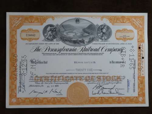 Pennsylvania Railroad Company, Stock Certificate, 1965, 25 Shares